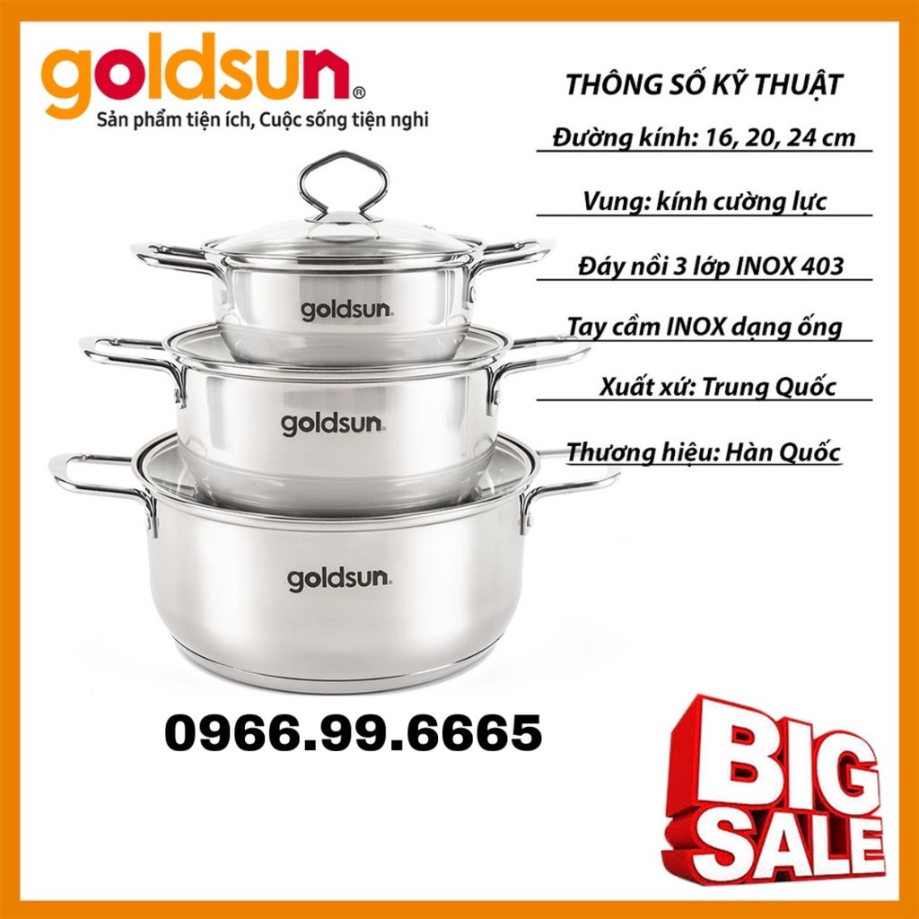 Bộ nồi inox Goldsun GE86 chất liệu inox bền tốt, sáng bóng, an toàn sức khỏe người dùng