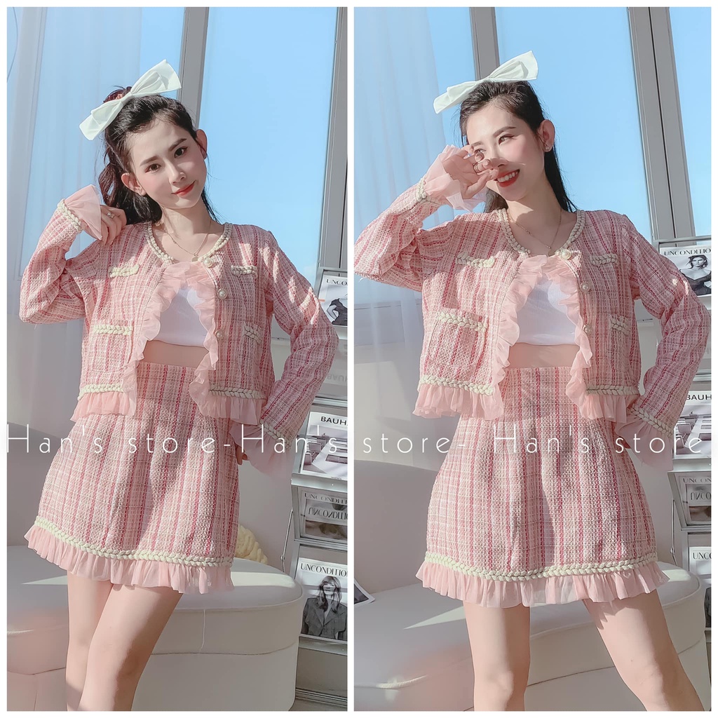BỘ TWEED VIỀN LƯỚI MÀU HỒNG / XANH ( ẢNH THẬT )
