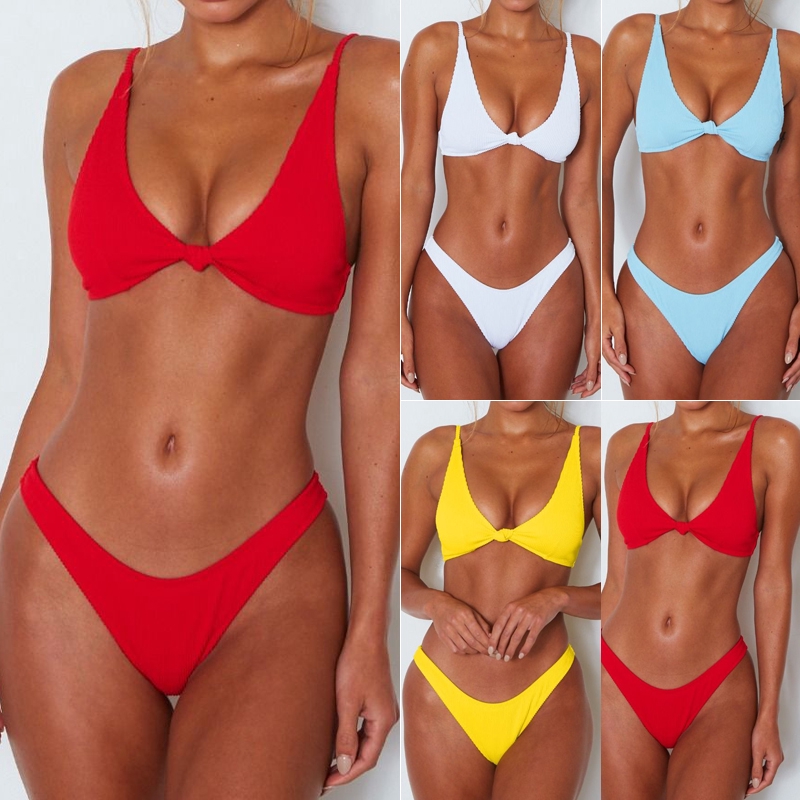 Bộ bikini lưng cao màu trơn vải polyester và spandex thời trang quyến rũ cho nữ
