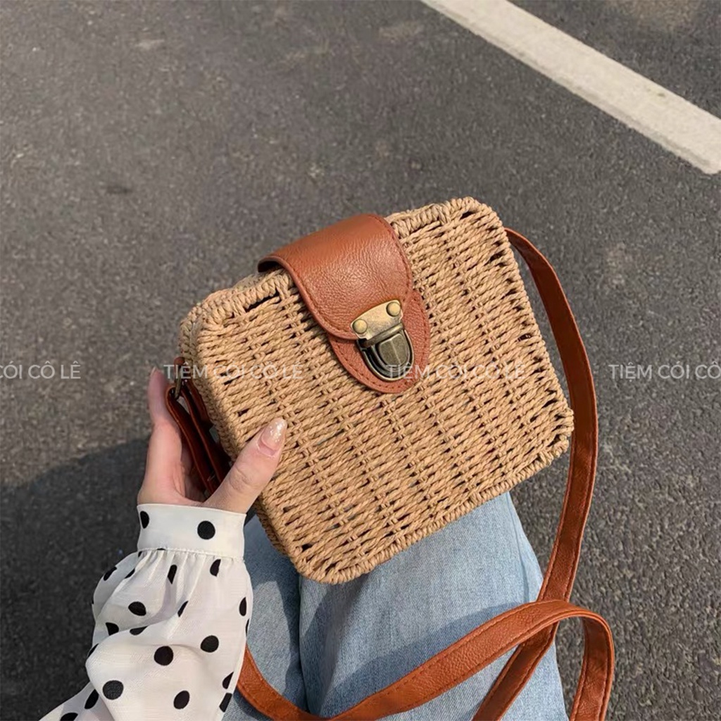 Túi cói vali đi biển quai đeo da có nút đóng kiểu dáng vintage - Tiệm Cói Cô Lê