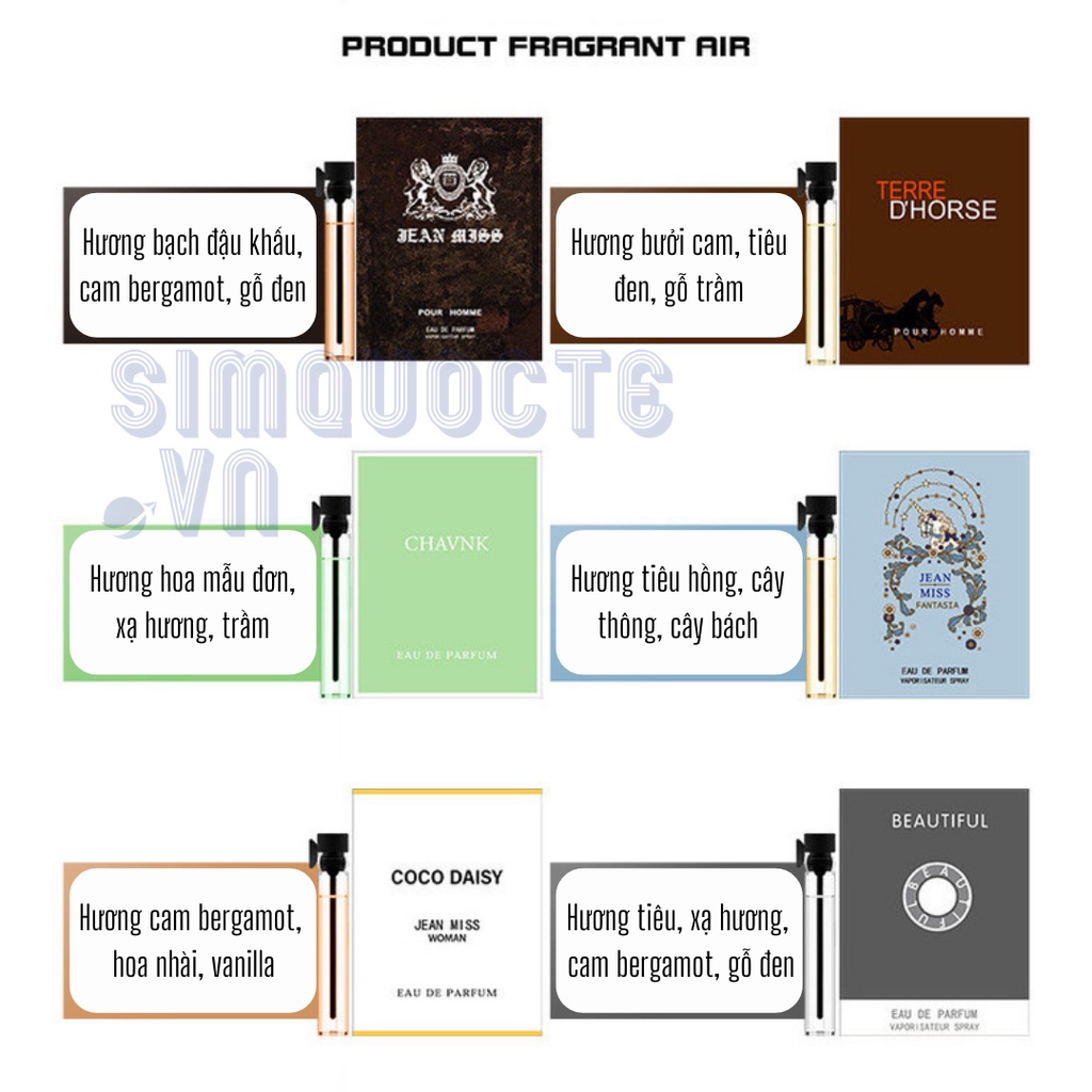 Nước hoa 2ml mini nhiều mùi hương unisex tươi trẻ cho nam nữ