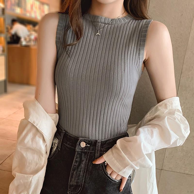 Áo Sát Nách Dệt Kim Cổ Tròn Thiết Kế Màu Trơn Thanh Lịch