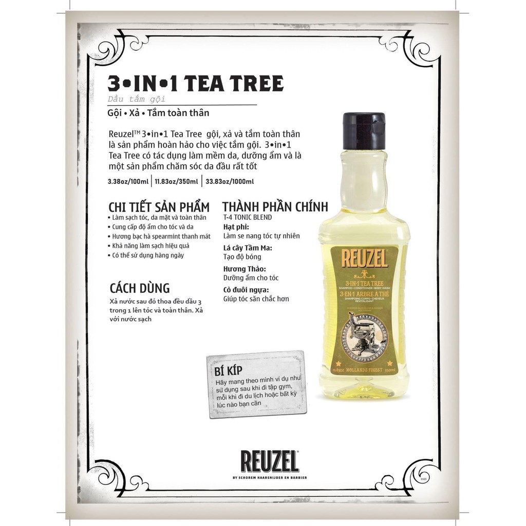 Dầu Gội Xả Tắm Reuzel 3-in-1 Tea Tree Shampoo