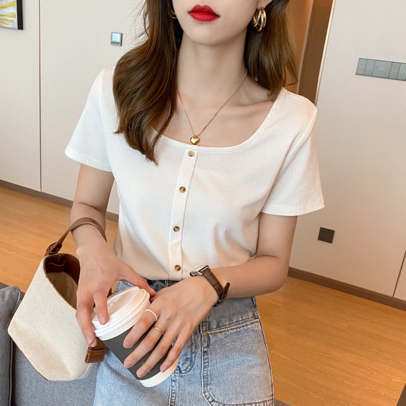 Áo Thun Ngắn Tay Cổ Vuông Phong Cách Hàn Quốc Mẫu Mới Thời Trang Mùa Hè Cho Nữ
