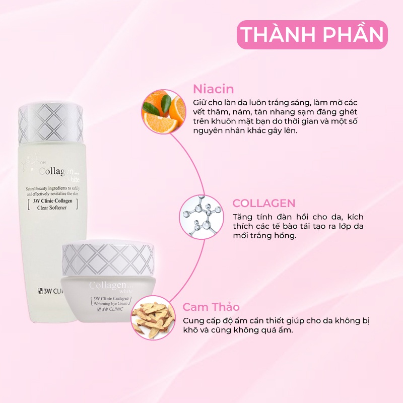 Bộ Skincare dưỡng trắng da dưỡng ẩm 3W Clinic Hàn Quốc  chiết xuất từ Collagen chống lão hóa