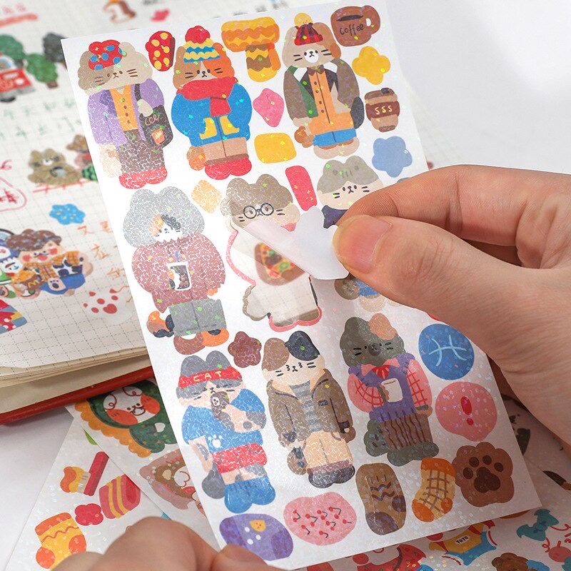 Sticker gấu cán nhũ lấp lánh trang trí sổ, toploader