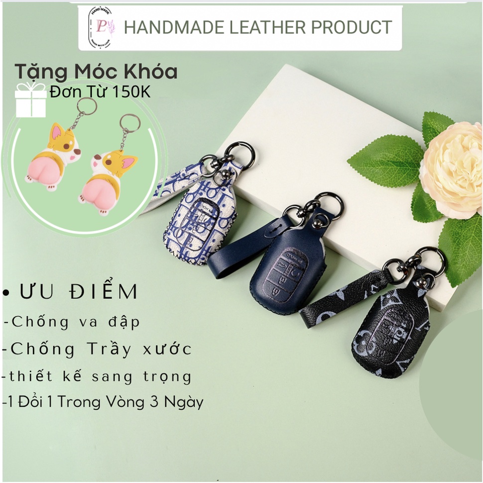 Bao da chìa khóa smartkey ô tô Honda City Civic 2022 5 nút bấm mẫu mới khâu tay có dây tay cầm móc đen HD5