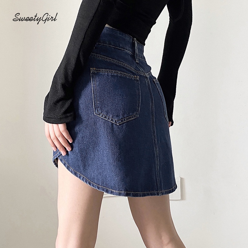 Chân váy jean Lưng Cao Màu Trơn Phối Khóa Kéo Thời Trang Đường Phố Cho Nữ
