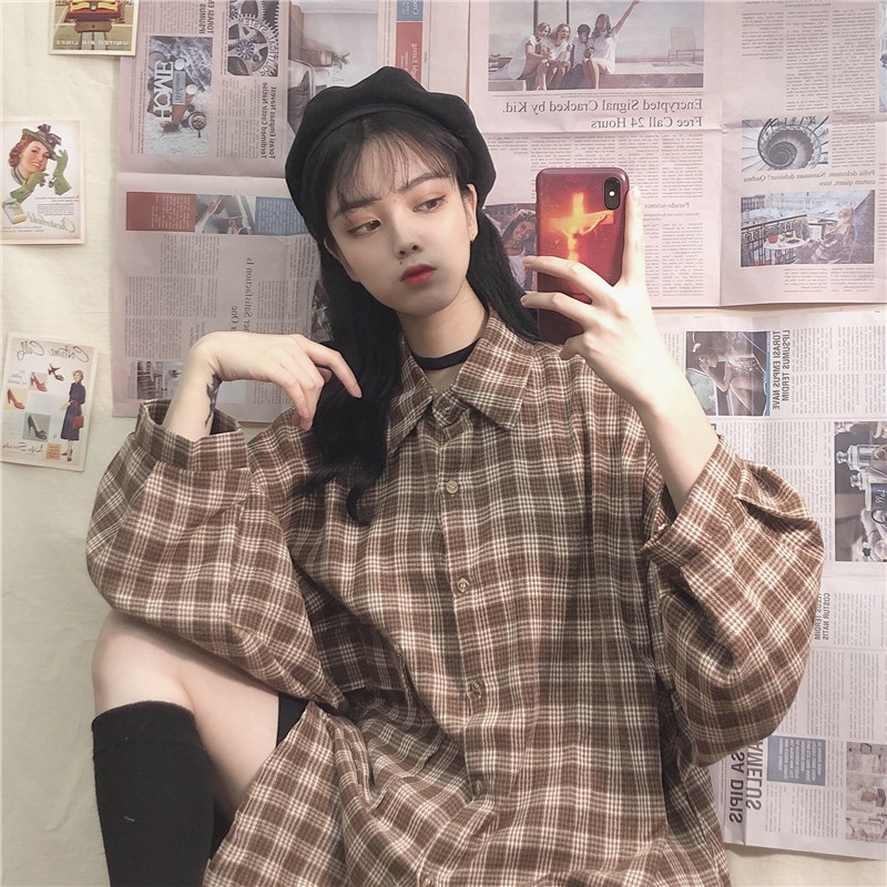 A011 Áo sơ mi kẻ caro oversize nam nữ vintage dài tay ulzzang, áo khoác chống nắng cỡ rộng tay phồng phong cách Hàn Quốc | BigBuy360 - bigbuy360.vn