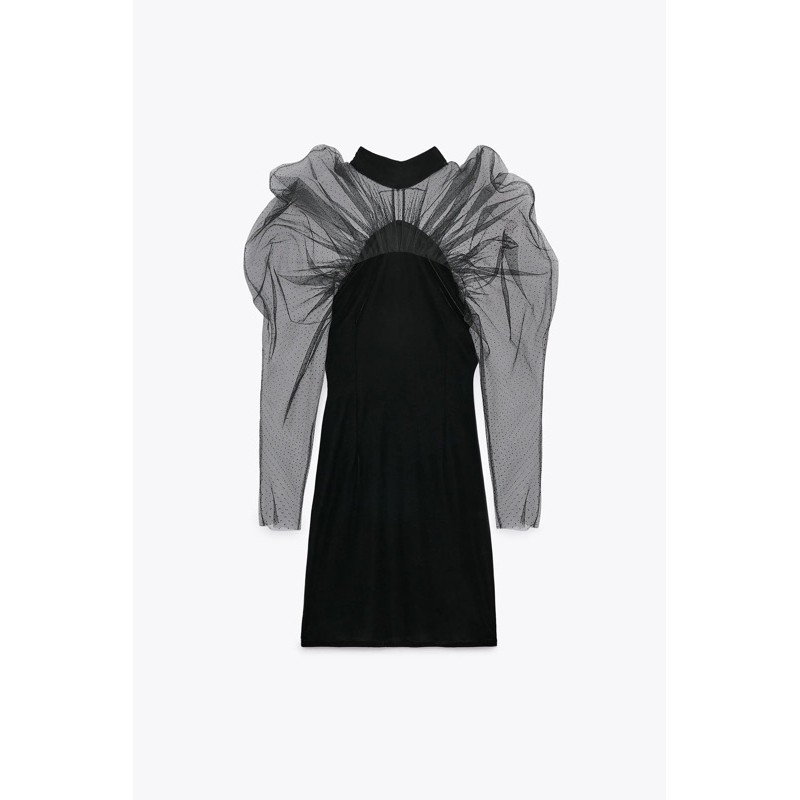 ZARA Đức - Đầm váy sale auth new tag cao cấp chính hãng nhung đen phối organza ren bi tay dài 0387/188