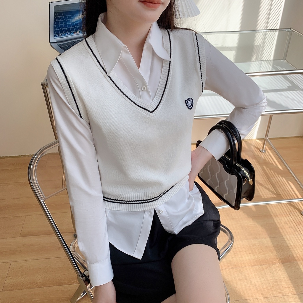 Áo Len Không Tay Dáng Rộng Phong Cách Preppy Dễ Phối Đồ