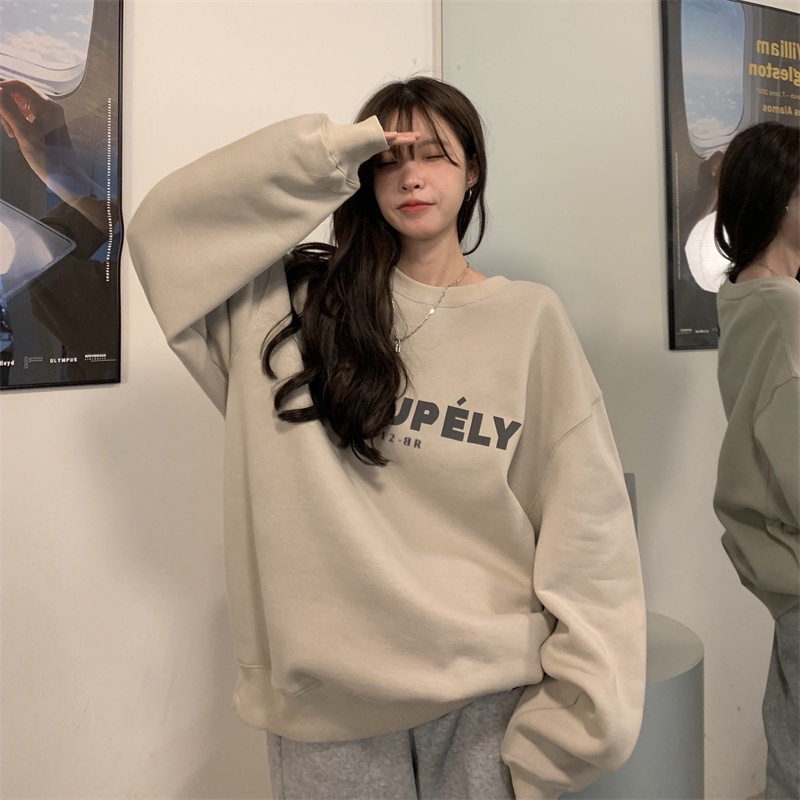 Áo sweater tay dài cổ tròn dáng rộng in họa tiết chữ phong cách retro cá tính