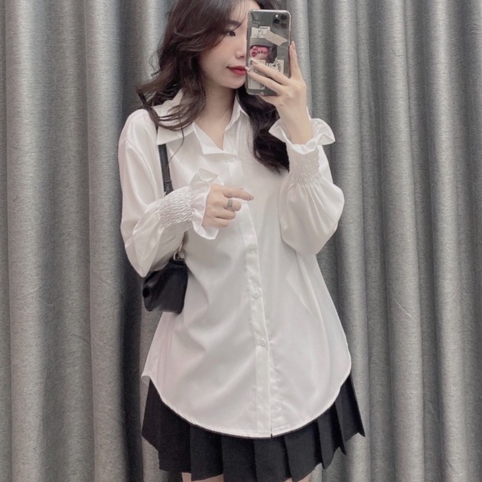 Áo sơ mi nữ trắng tay bo chun chất thô lụa mềm sang chảnh chống nhăn không nhàu cổ đức - Áo trắng dài tay bồng tiểu thư