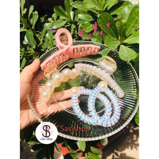 SET KẸP TÓC NGOẶM 5 MÓN Giả Ngọc Trai Kèm Dây Buộc