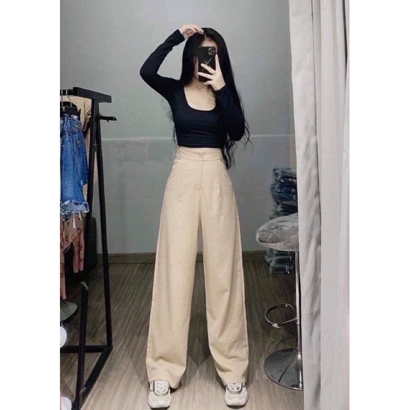 [Mã FAMARAL1 giảm 10K đơn 50K] Quần đũi ống rộng dáng dài khoá thật, quần cullotes ống rộng vải đũi xước