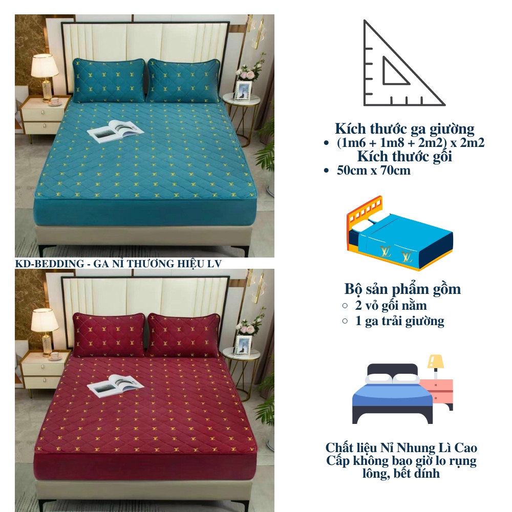 Ga trải giường nỉ nhung thương hiệu LV cao cấp, Drap giường bọc đệm nhập khẩu KD BEDDING kích thước 1m6 1m8 2m2