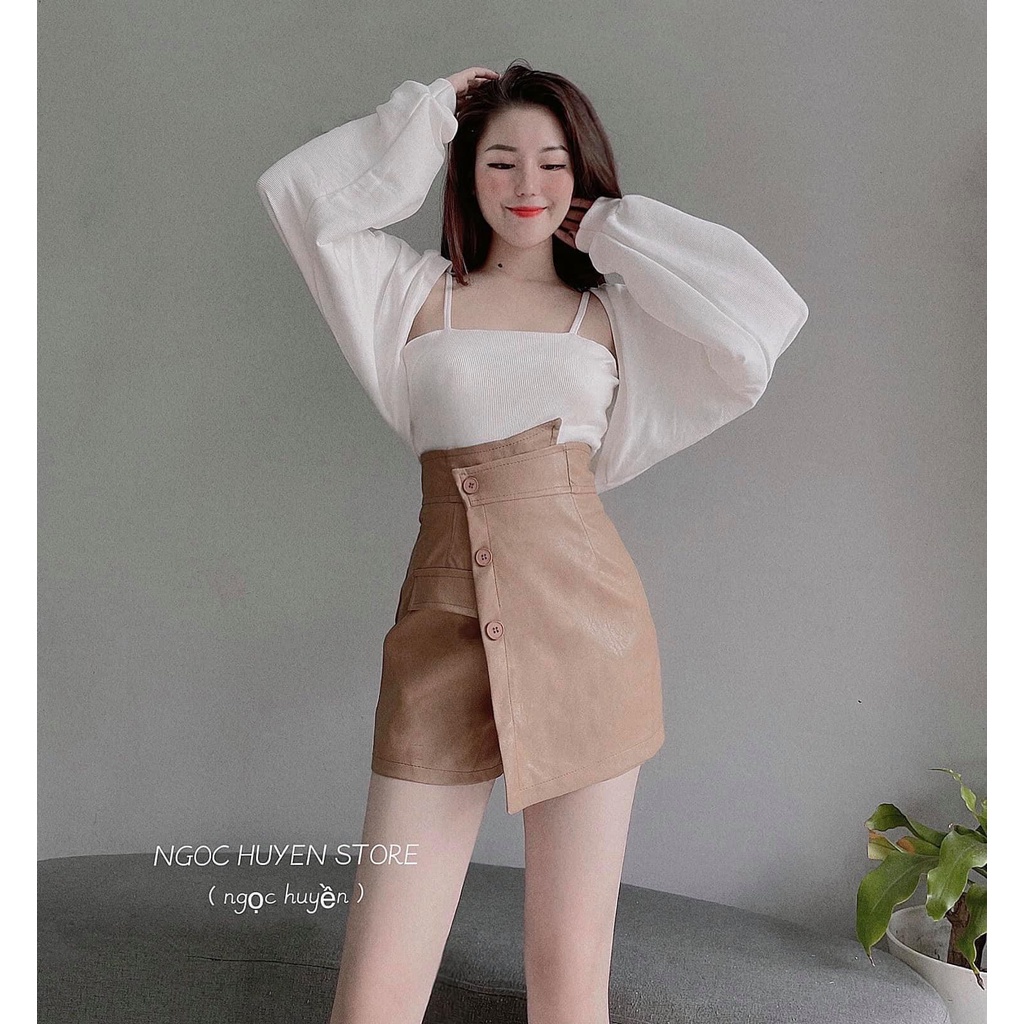 Chân váy da cạp chéo quần giả váy vạt chéo 3 cúc màu da có khóa kéo sau lưng THANH LÝ
