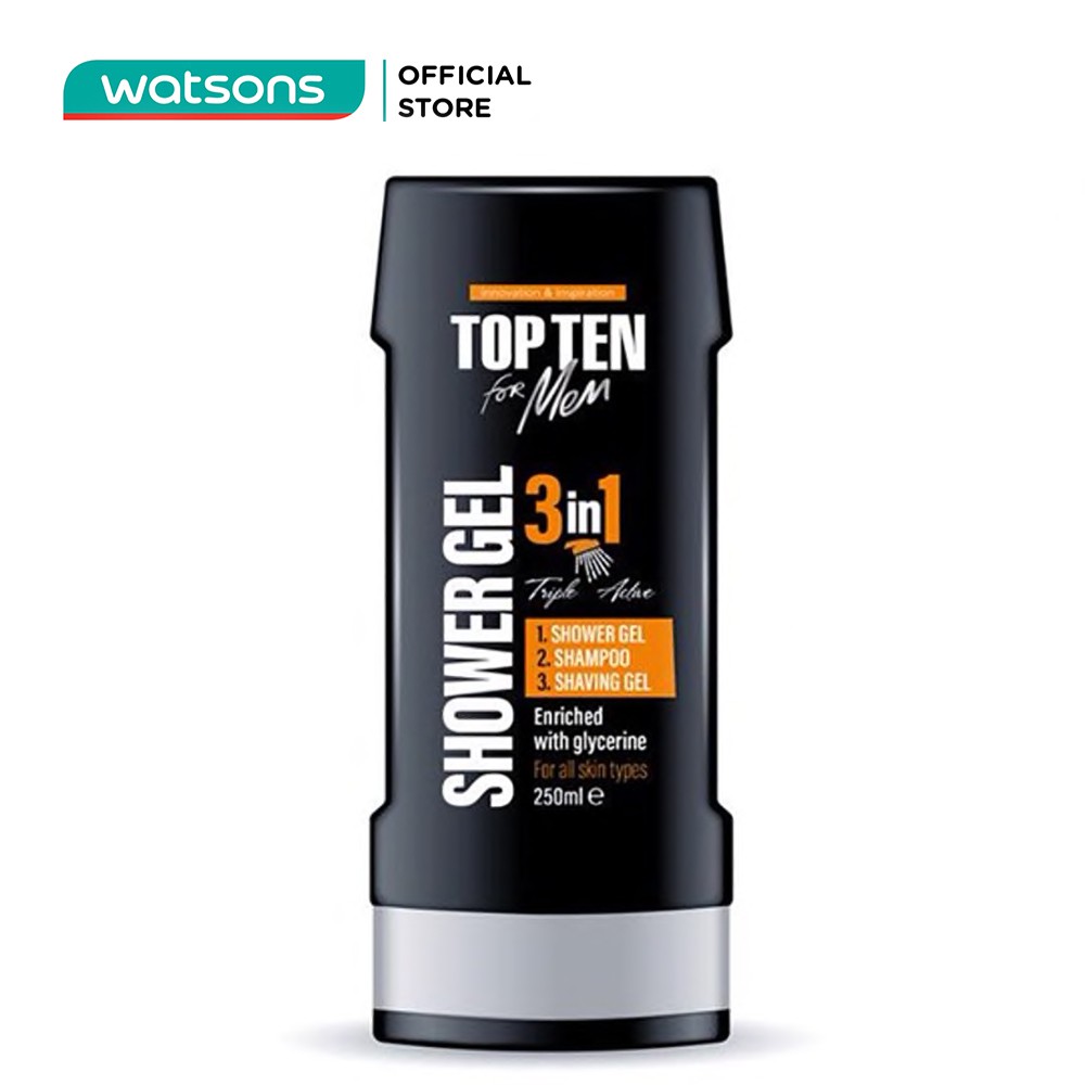 Sữa Tắm Top Ten For Men 3In1 Shower Gel &amp; Shampoo &amp; Shaving Gel Dạng Gel Gội, Tắm &amp; Cạo Râu 250ml