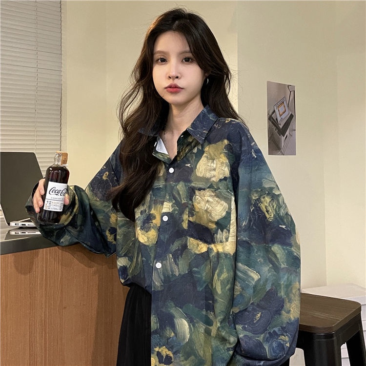 Áo Sơ Mi Dáng Rộng In Họa Tiết Màu Xanh Lá Phong Cách Mới Cho Nữ