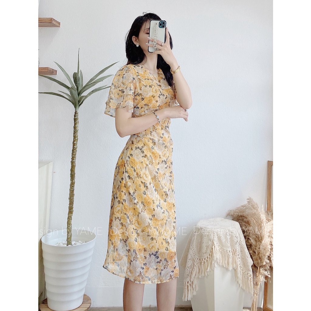 NHIỀU MẪU Váy đầm hoa ngắn tay dáng dài cổ tròn đính nơ cách điệu eo Lucie YAME màu vàng, trắng kem | BigBuy360 - bigbuy360.vn