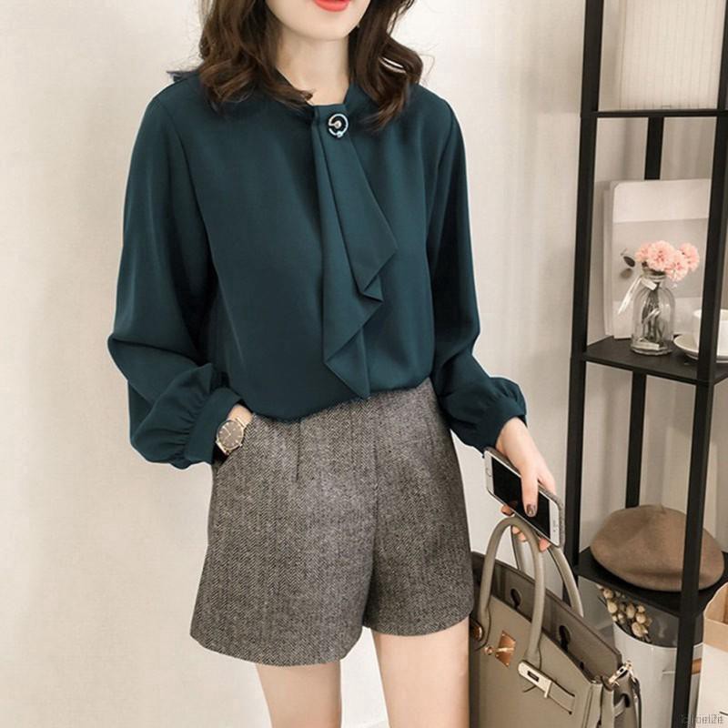 Women Loose Summer Sweet Solid Color Lantern Sleeve Stand Collar Bottoming Blouse | WebRaoVat - webraovat.net.vn