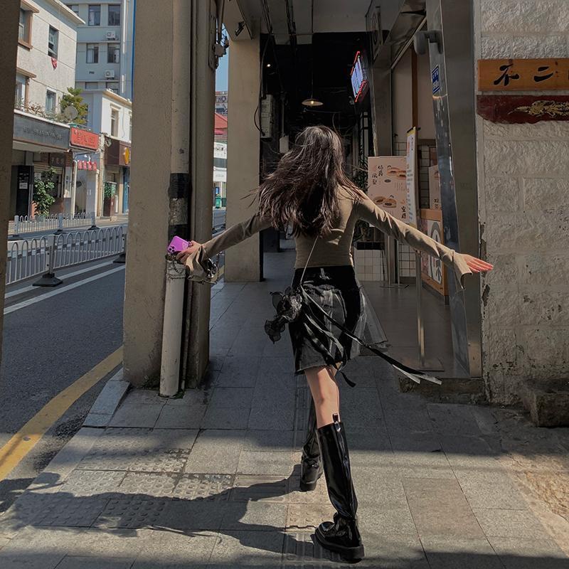 Chân Váy Denim Ngắn Lưng Cao Màu Nhuộm Phối Dây Buộc Phong Cách Retro Đường Phố Thời Trang Mùa Hè Mới Cho Bạn Gái