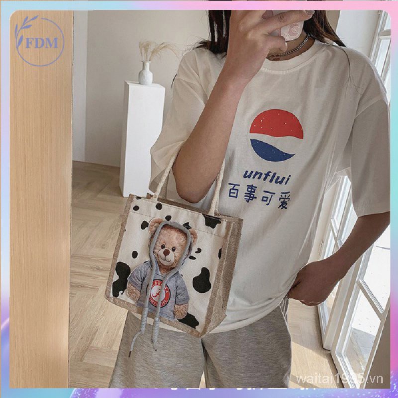 Túi xách tay bằng vải canvas in hình gấu dễ thương cho nữ