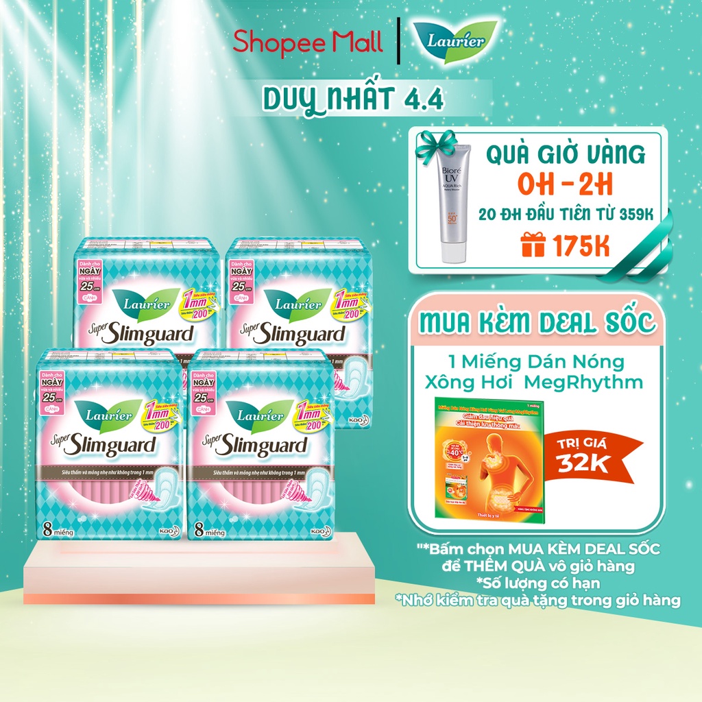 [Mã FMCGMALL -8% đơn 250K] [Mã COSKAO2 giảm 8% đơn 250k] Combo 4 gói BVS Laurier siêu mỏng bảo vệ 1mm 25cm 8 miếng