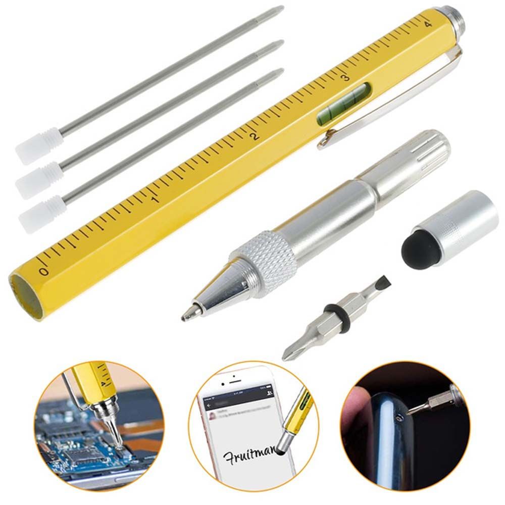Bút bi tua vít 6 trong 1 lưỡi dẹt bắt chéo với thang đo hệ mét kiêm bút cảm ứng bằng nhôm đa năng dành cho điện thoại