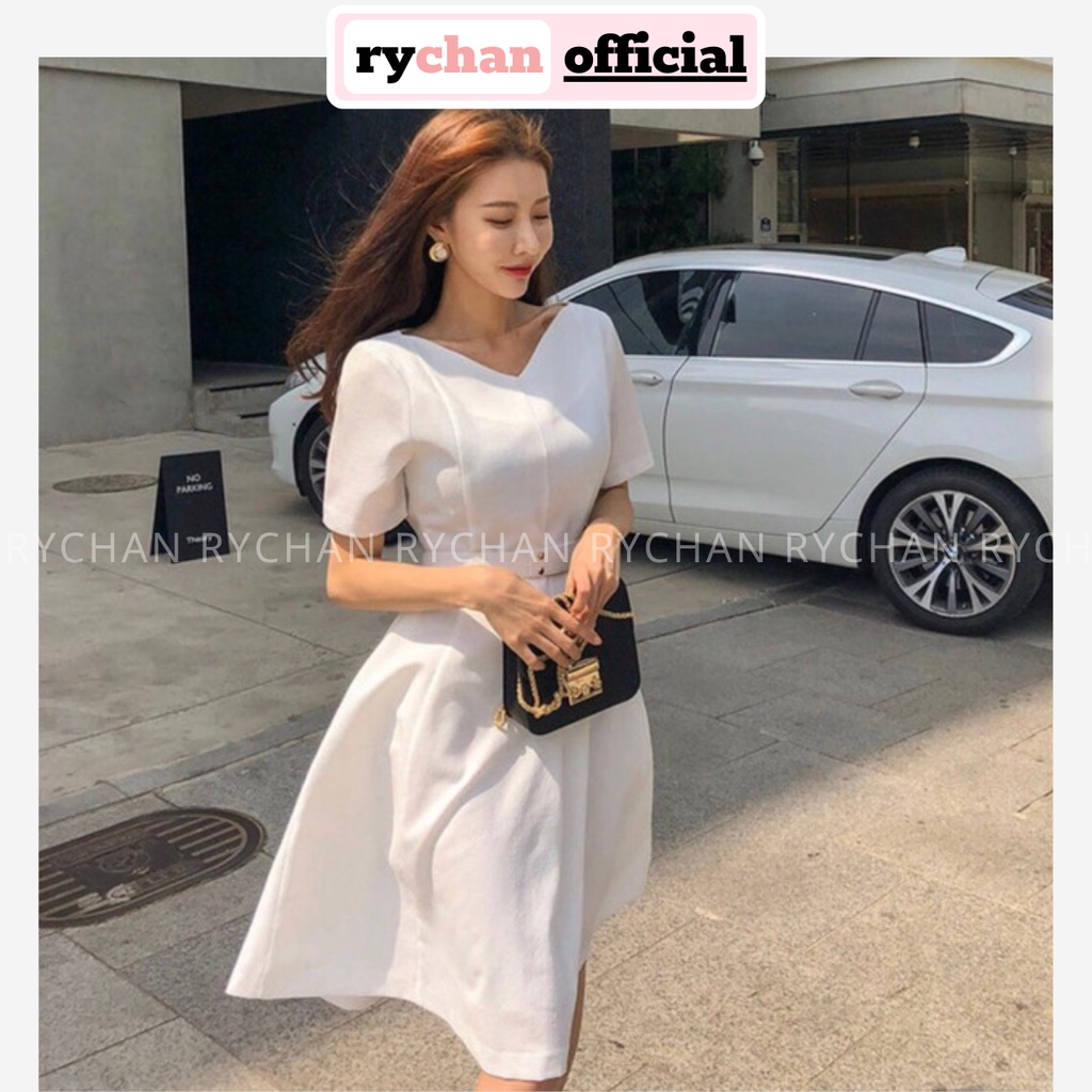 Đầm Dự Tiệc Form Ngắn Cổ V Tay Ngắn Chiết Eo Thanh Lịch, Đầm Dự Event Kèm Belt Nữ Tính - DX9720