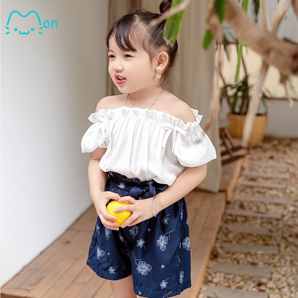 Áo cộc tay cho bé gái kiểu trễ vai chất đũi tằm MonBabies VL30A - Đồ đi biển mùa hè