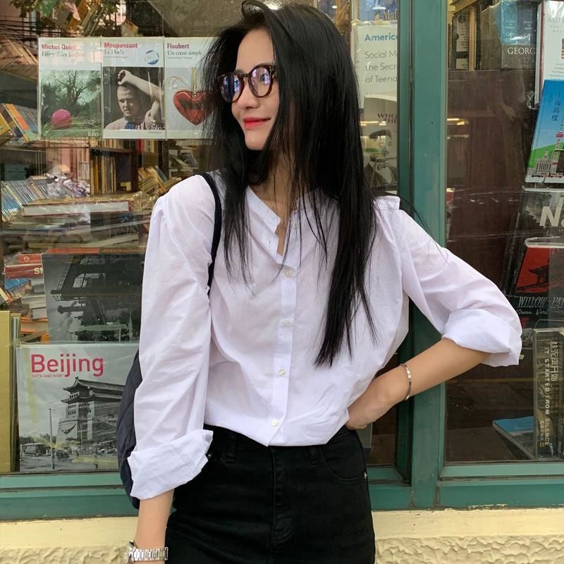 Áo Sơ Mi Nữ Tay Dài Cổ Tròn Màu Trơn Đơn Giản Thời Trang Hàn Quốc