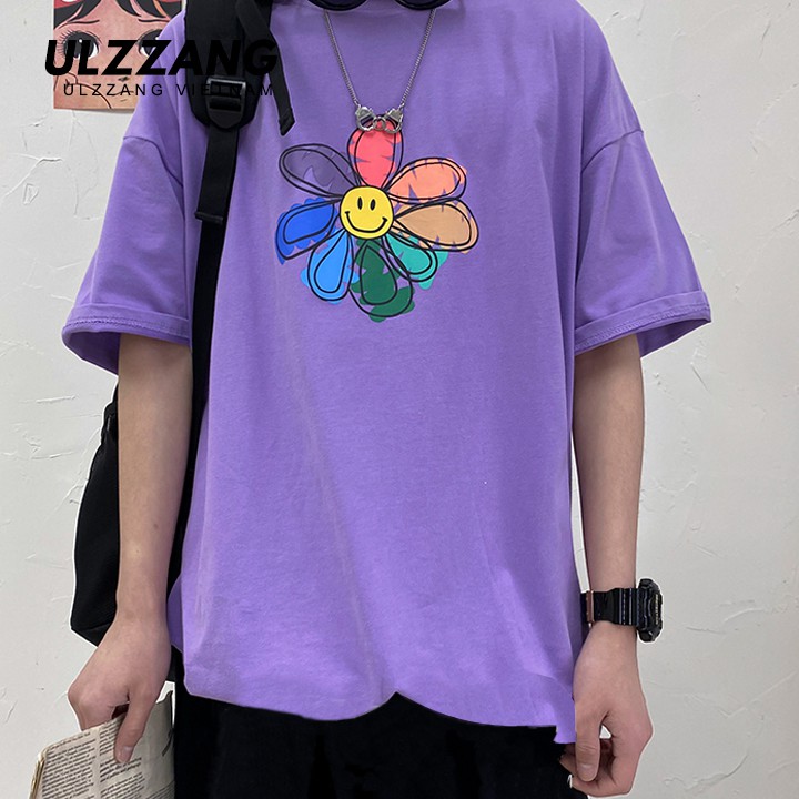 Áo thun tay lỡ ULZZANG cotton dáng unisex in hình hoa cúc mặt cười | BigBuy360 - bigbuy360.vn