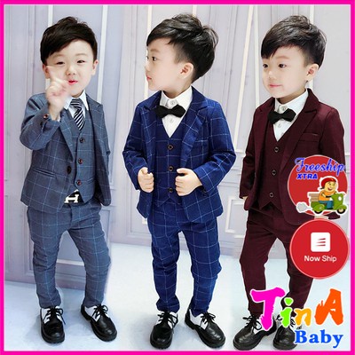 (TẶNG NƠ CÀI CỔ) Set bộ Vest cao cấp 4 chi tiết cho bé trai từ 3 đến 7 tuổi E168