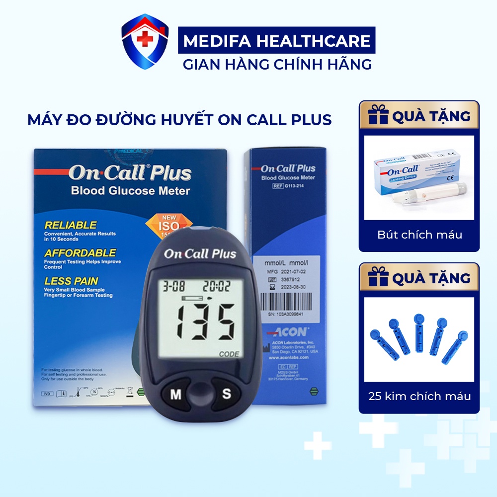 Bộ Máy Đo Đường Huyết On Call Plus Acon Biotech Mỹ + Tặng bút chích máu và 10 kim chích máu chính hãng