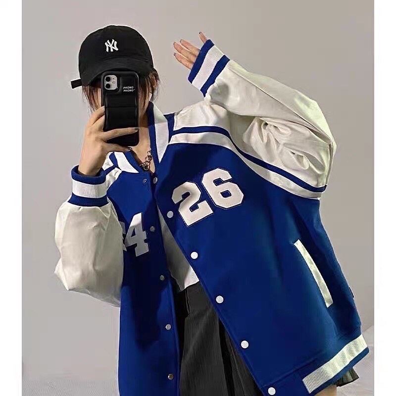 Áo Khoác Bomber Jacket Tay Da Varsity F426 Màu Xanh Hồng Đen Oversize