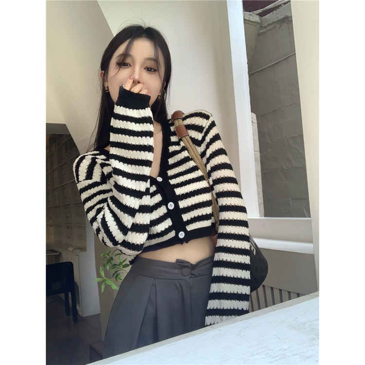 Porozi  Áo khoác cardigan dệt kim  cổ V tay dài họa tiết kẻ sọc phong cách thời trang Hàn Quốc cho nữ