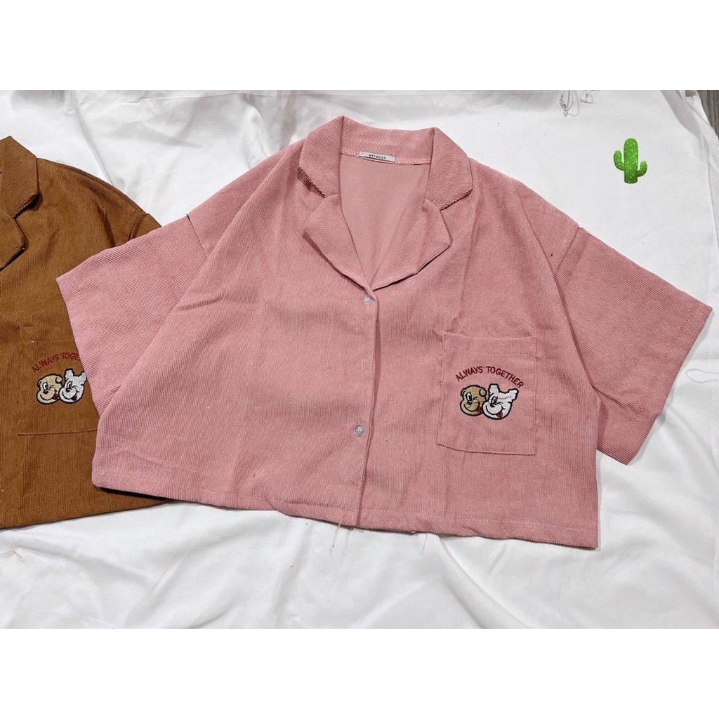 áo croptop cổ vest chất tăm nhung thêu gấu p