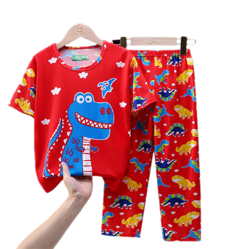 Bộ đồ ngủ cổ tròn in hoạt hình khủng long siêu nhân dễ thương cho bé trai