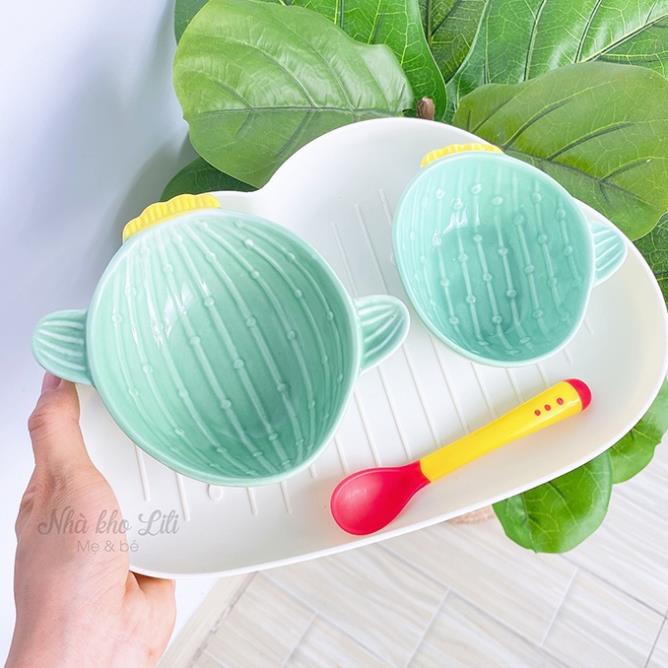 Set bát sứ ăn dặm cho bé dễ thương, bát ăn dặm size nhỏ kèm khay mây và muỗng silicon