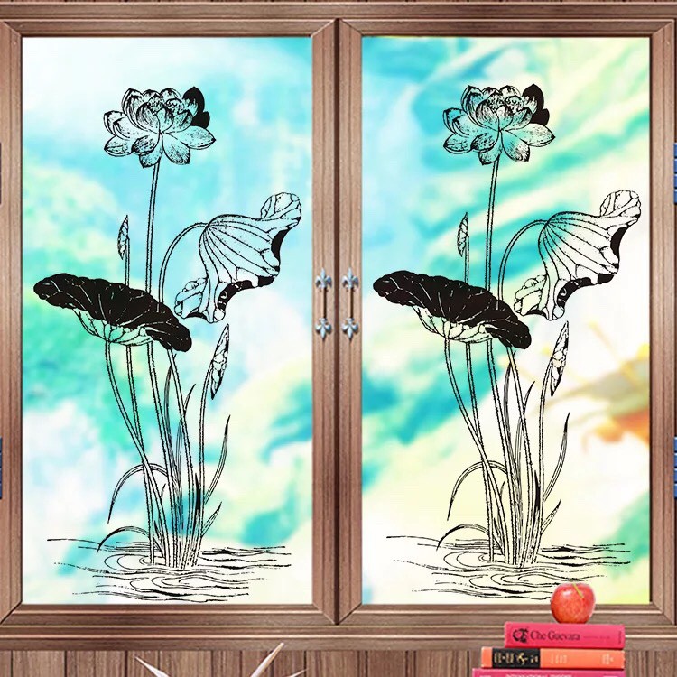 Decal dán kính cao cấp mẫu Hoa Sen và Lá múp xinh ( 60x116 cm )