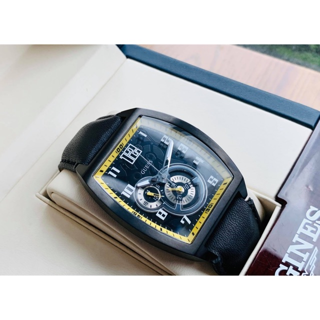 Đồng Hồ Guess Nam W13579G4 Yellow Accent Black IP Stainless Steel Case Leather Strap GMT Men’s Watch