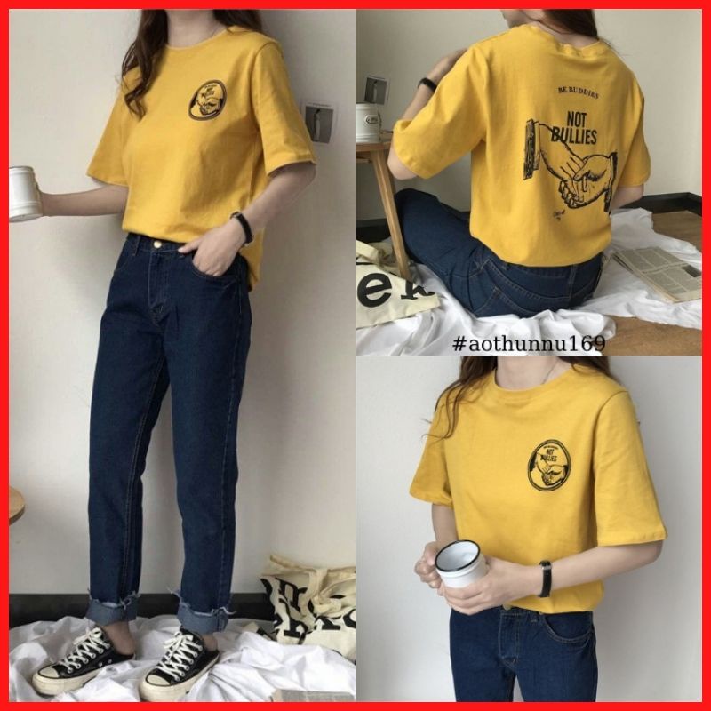 Follow Shop Săn Deal Hot Ngày 11/11 Áo Thun Nữ Tay Lỡ Unisex Màu Vàng In Chữ NOT BULLIES