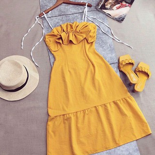 Đầm 2 Dây Đũi Dáng Xòe Vàng