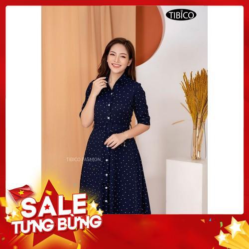 Đầm xòe xanh than chấm bi lụa chéo cao cấp (Ảnh thật do shop chụp) - Hàng nhập khẩu