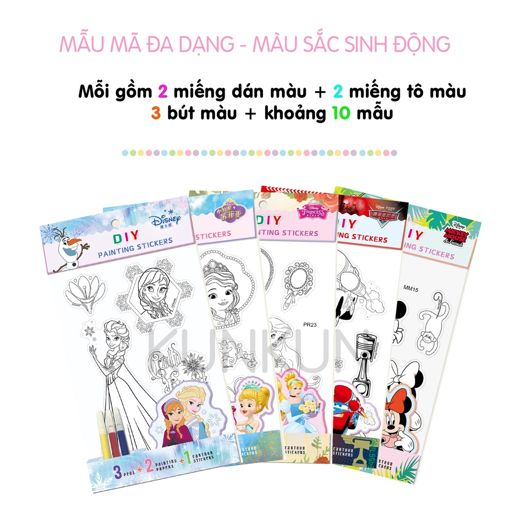 Sticker tô màu thủ công chủ đề hoạt hình cho bé - tặng kèm bút lông