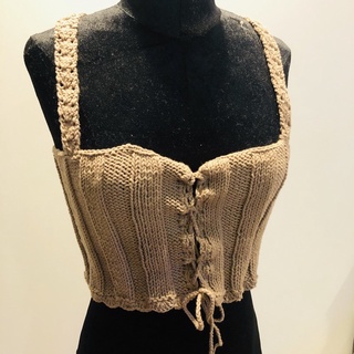 Áo croptop áo 2 dây thắt nơ len móc màu nâu tây