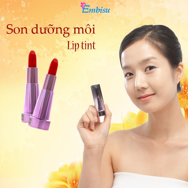 SON DƯỠNG MÔI EMBISU (LIP TINT), thành phần: sáp ong, quả đu đủ, vitamin A, E, B, C,... Giữ ẩm rất tốt cho môi, mềm mại.