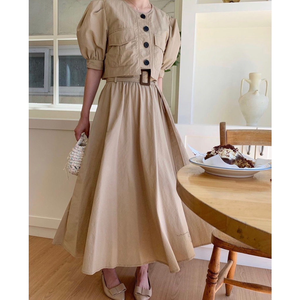 SÉT ÁO KÈM CHÂN VÁY CẠP CHUN 2 MÀU TRẮNG BE