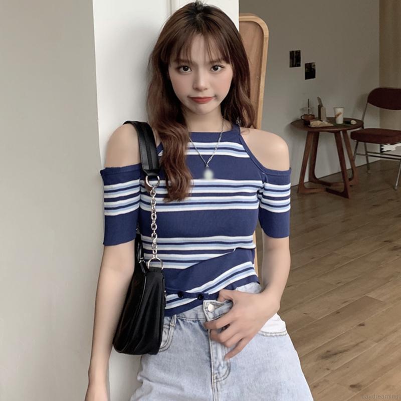 Áo dệt kim cổ tròn thiết kế trễ vai cho nữ